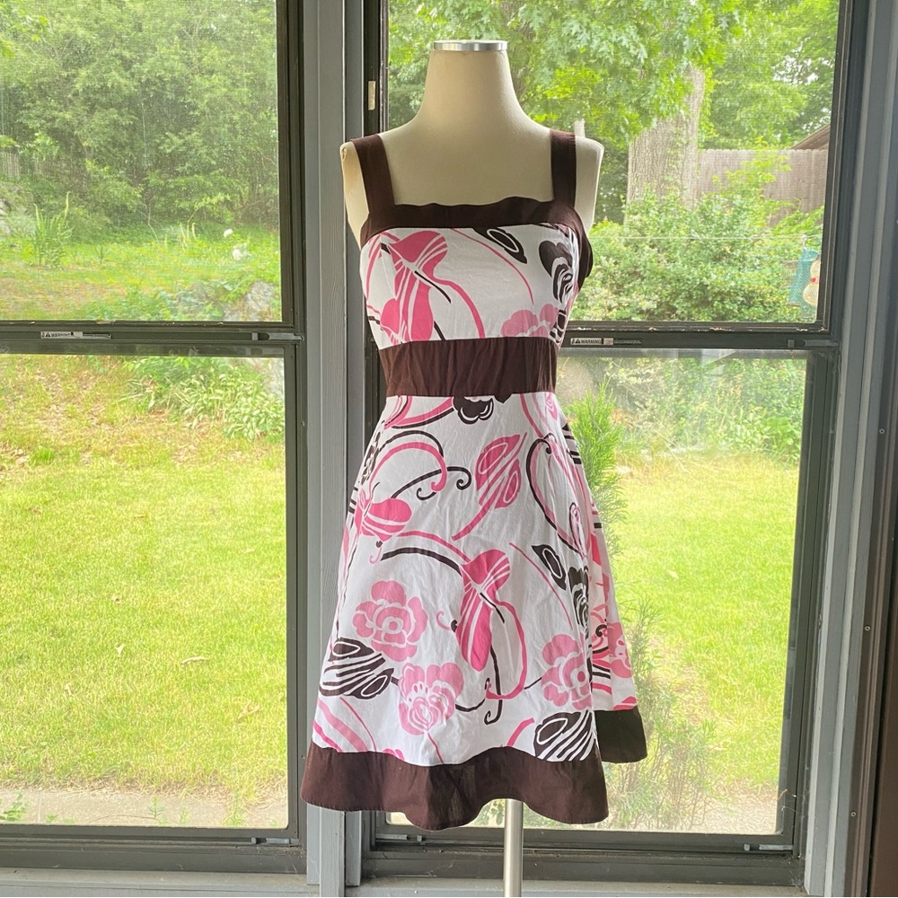 VTG Floral Mini Dress Strappy Sundress Cotton Tropical A-Line Pink Brown & White